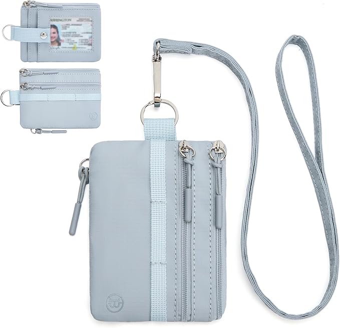 BOSTANTEN RFID Small Wallet, Minimalist Zip ID Case Wallet with Lanyard Keychain, Water Resistant Card Wallets for women & Men, Grey