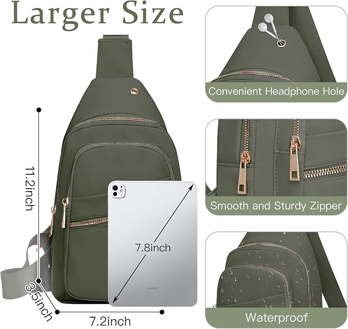 Small RFID Waterproof Sling Bag Travel Crossbody Bags for Women Men, Hands Free Lightweight Sling Backpack Chest Pack Daypack for Outdoors Hiking Traveling Fitness Sport Commuting Green
