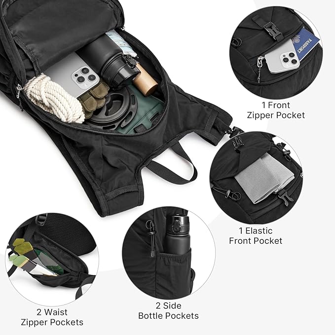 G4Free 20L Hiking Backpack with Waist Strap for Women Men, Lightweight Waterproof Daypack for Travel Camping Outdoor, Black