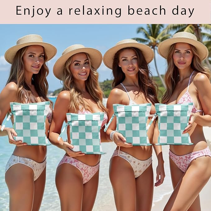 Wet Bag, 4Pcs Wet Dry Bag Set, Reusable Waterproof Bags with Mint Checkerboard Prints for Women, Ideal for Beach Vacations, Pool Days, Travel & Daily Essentials Storage