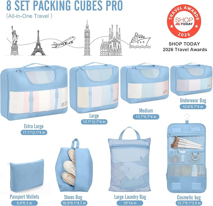 Veken 8 Set Packing Cubes for Travel Essentials,Anti-Wrinkle Buckled Suitcase Organizer for Shoe & Toiletry Bag,Carry On Luggage Bag for Airplane & College Dorm Room Accessories,Women Men Gifts