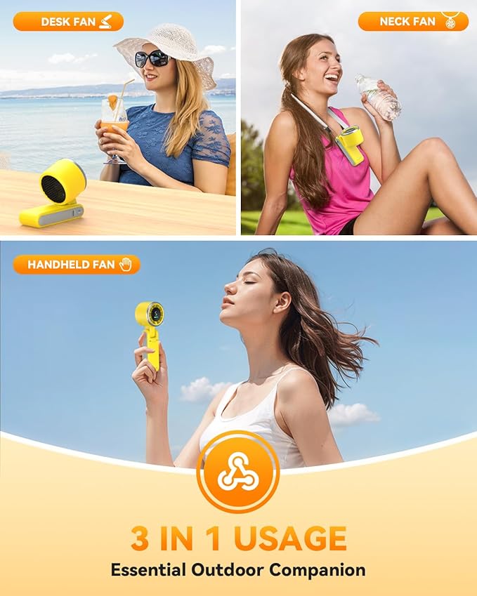 PlayHot Portable Handheld Turbo Fan, 5-Speed Personal Fan, USB-C Rechargeable Fan Up to 12 Hours, 3 IN 1 Hand Fan with Air Turbo Tech Cooling, Travel Fan for Cruise, Beach, Gifts for Women (Yellow)
