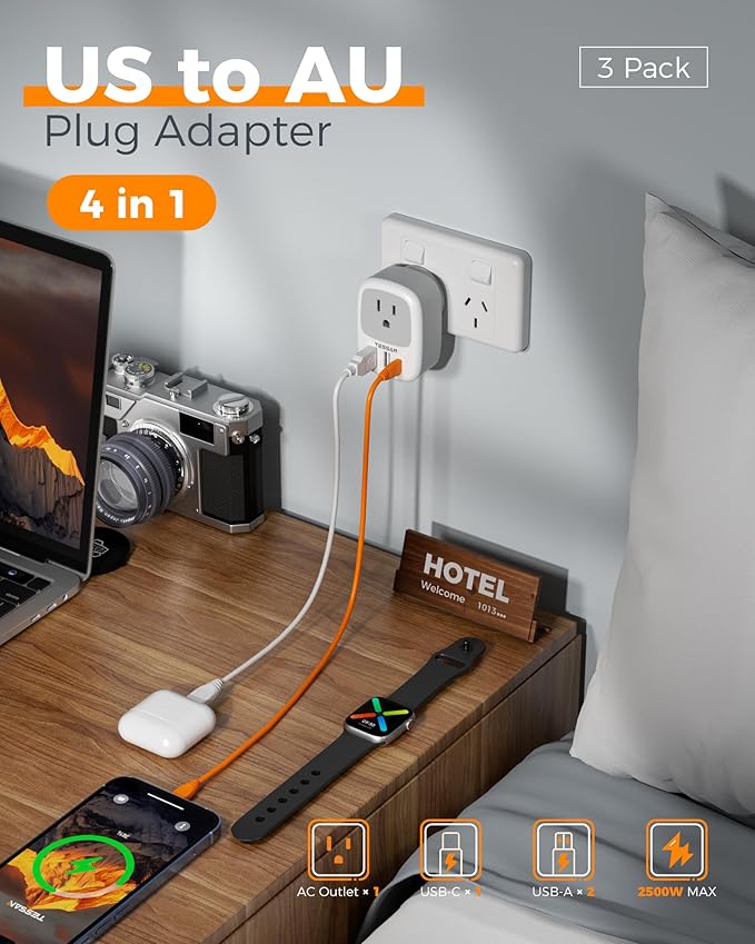 Australia New Zealand Power Adapter 3 Pack, TESSAN Type I Travel Adaptor with 3 USB Charger (1 USB C Port) for US to Australian Argentina China Fiji Cook Islands