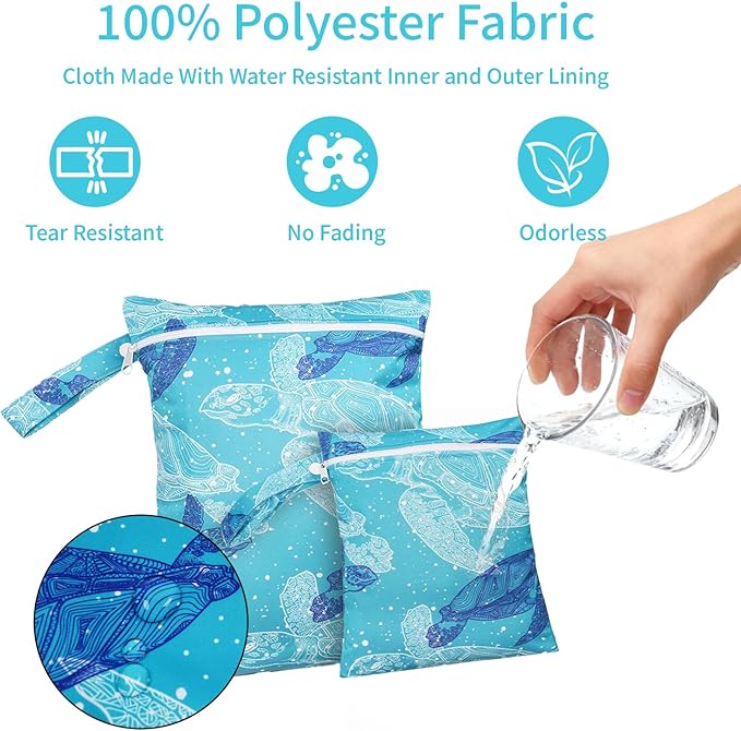 2 Pcs Wet Bags Waterproof Reusable Zippered Pocket Cloth Diaper Wet Dry Bags for Travel Beach Pool Swim, Baby Diapers,Gym Yoga Wet Clothes,Swimsuit,water wipes(Blue turtle)