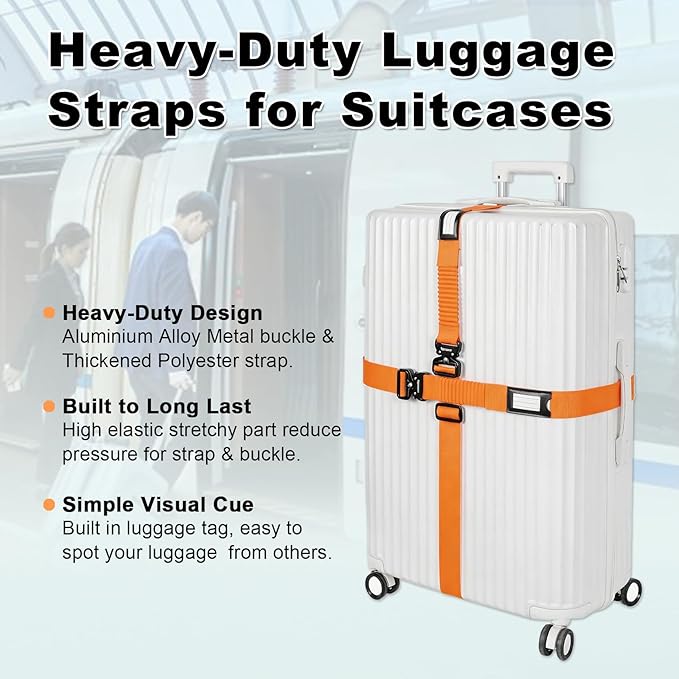 Vigorport Luggage Straps for Suitcases 2 Pack, Heavy Duty Metal Buckle Luggage Belt Strap, TSA Approved Suitcase Belt, Stretchable Travel Strap for Luggage (Orange, 72″ L & 79″ L)