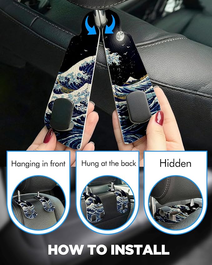 WOCOCN Purse Holder for Car, 2 Pack Heavy Duty Purse Hanger for Car, PU Leather Car Seat Hooks for Purses and Bags, Cute Wave Headrest Organizer for Handbags & Backpacks
