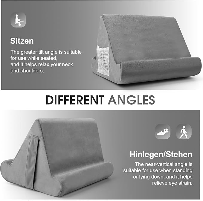 Multi-Angle Tablet Stand with Soft Pad and Net Pocket - Universal Lazy Holder for Lap, Knee, Sofa and Bed(Grey)