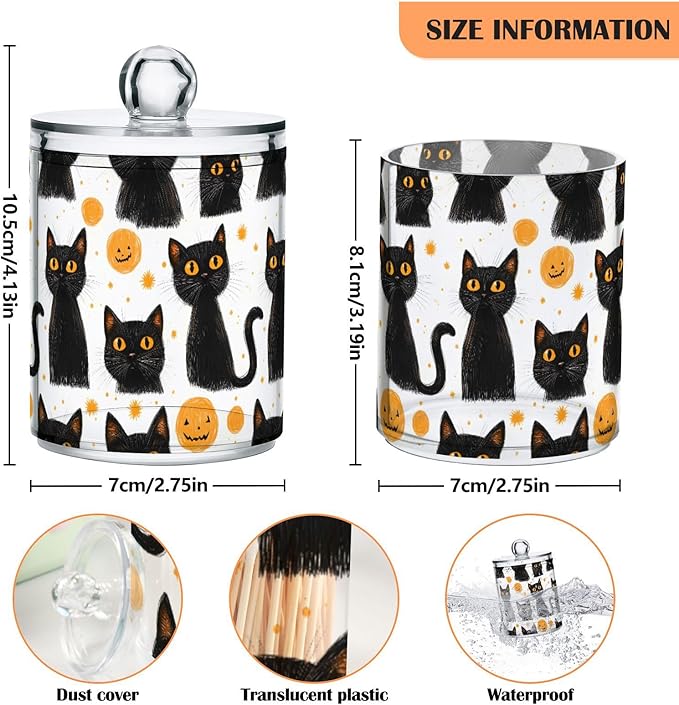 2 Pack Qtip Holder Organizer Dispenser Black Cats Halloween Bathroom Storage Canister Cotton Ball Holder Container for Cotton Pads/Swabs/Floss