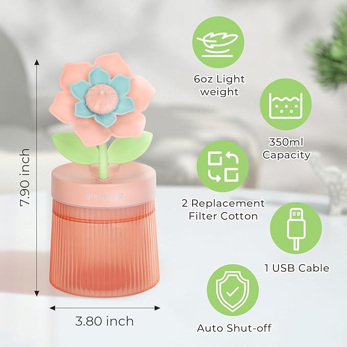260ml Flower Mini Humidifier, Pink Gardenia Desktop Small Humidifiers, Personal Cool Mist Humidification, USB Desk Humidifier for Bedroom, Office, Travel & Indoor Plants