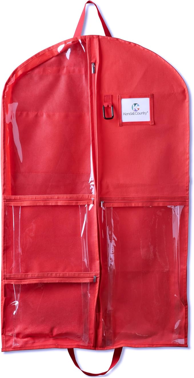 Enhanced Hanging Garment Bag with multiple clear Pockets, carrying straps, front and Side Zippers for Clothes, Dance Costumes, Cheer uniforms, and pageant dresses. (Candy Apple Red, 40 inch-2 pack)