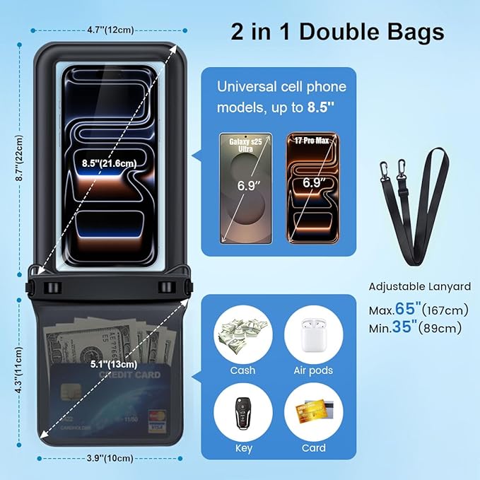 Rynapac Floating Waterproof Phone Pouch [Up to 8.5''] - 2 Pack IPX8 Double Space Waterproof Phone Case with Adjustable Lanyard for iPhone 17 16 15 14 Pro Max, TouchScreen, Beach Cruise Essentials 2026