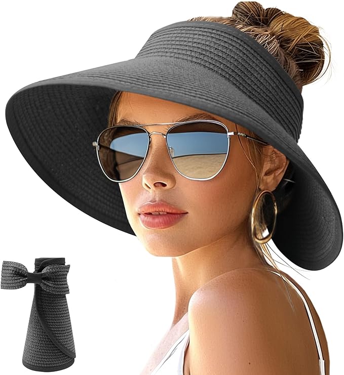NPJY Sun Hats for Women Wide Brim Roll-Up Beach Ponytail Hat Packable Foldable Travel Straw Visor
