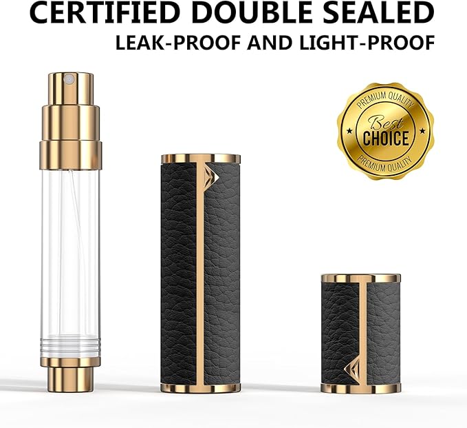 8ML Travel Perfume Refillable Atomizer, Mini Genuine Leather Cologne Sprayer, Protable Pocket Size Empty Fragrance Spray Bottle (Black)