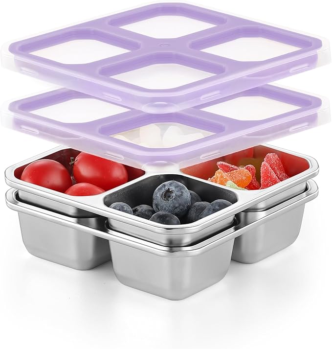 BEFOY 4 Pack Stainless Steel Snack Containers with Lids 4 Compartment Food Storage Containers for Adults & Kids Meal Prep Containers Reusablele (Purple, 2)