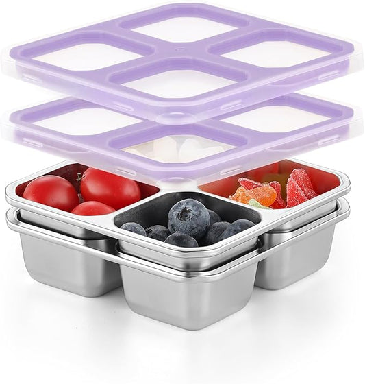 BEFOY 4 Pack Stainless Steel Snack Containers with Lids 4 Compartment Food Storage Containers for Adults & Kids Meal Prep Containers Reusablele (Purple, 2)