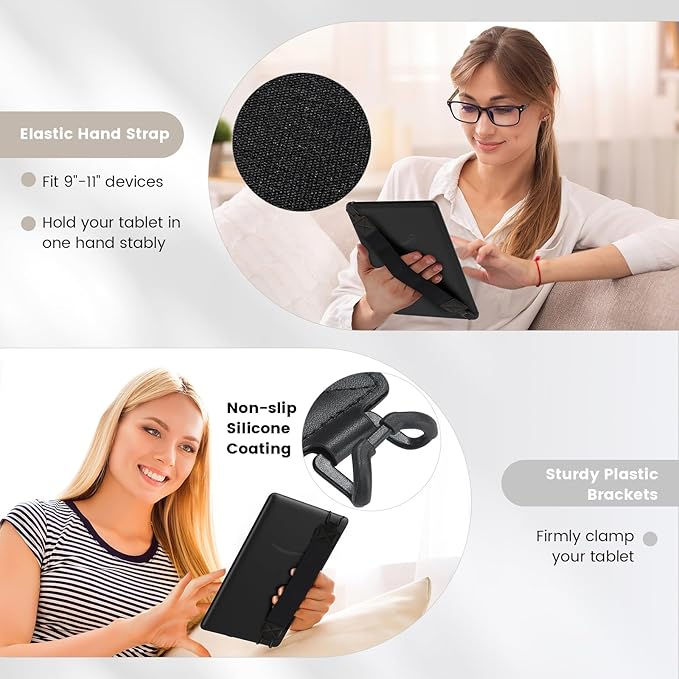 MoKo Security Hand-Strap for 9-11 Inch Tablet, iPad/IP-ad Pro/iPad Air/Kindle Fire HD/Samsung, High-Elasticity Versatile Hand Strap Lightweight Finger Grip Holder, Black Belt, Black