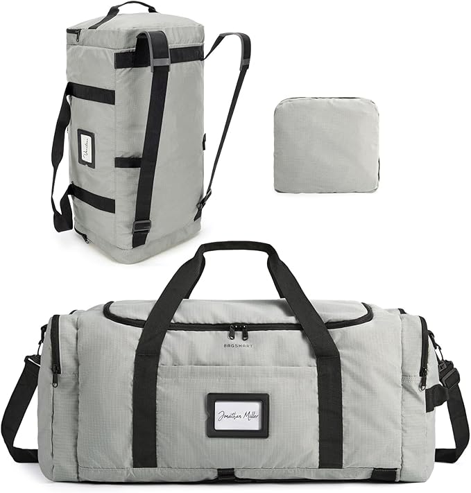 BAGSAMRT 60L Foldable Duffle Bag for Travel, Large Travel Duffel Bag for Men, 4 in 1 Travel Backpack, Carry on Weekender Bag, Gray