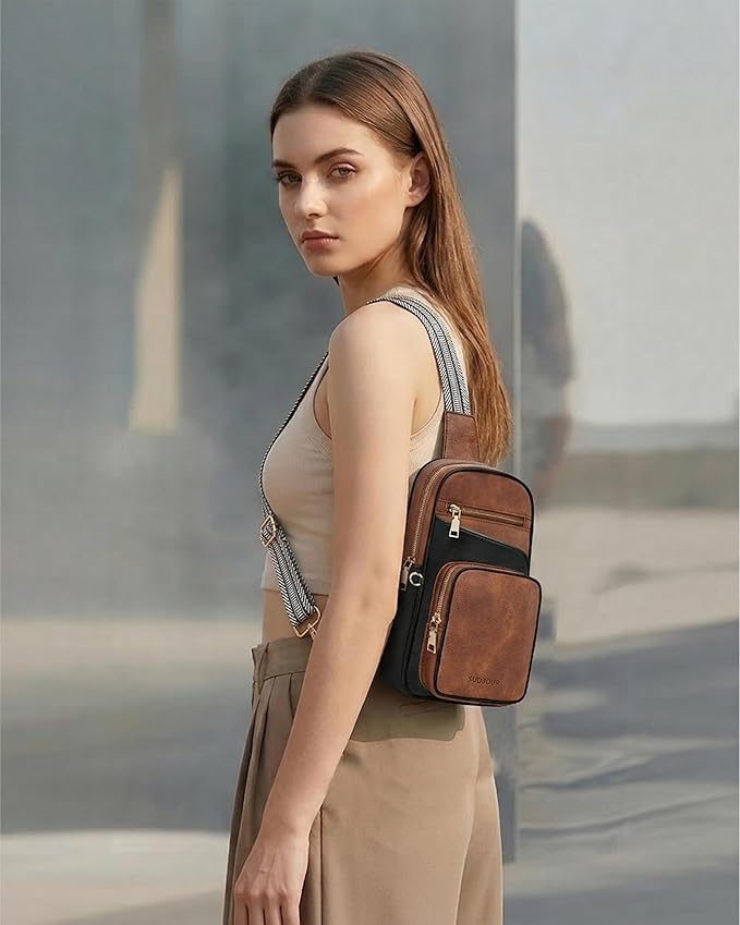 Anti Theft Crossbody Bags for Women,RFID Sling Bag Travel Purse,Vegan Leather Cross Body Purses Chest Bag for Travel(Black+Brown)