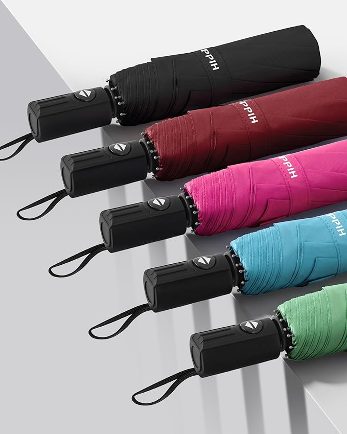 HIPPIH Compact Travel Umbrella for Rain - Windproof Automatic Umbrellas, UV Umbrella for Sun Protection with Black Anti-UV Coating, Portable Small Umbrellas for Backpack, Car, Walking, Kids, Women