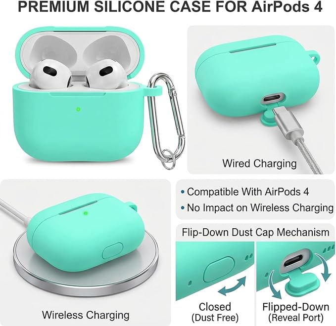 for Airpods 4th Case Cover, Come with Cleaner Kit,Soft Skin Silicone Case Cover with Keychain, Front LED Visibl, Full Protective Case，Compatible with AirPods 4th(Mint Green)