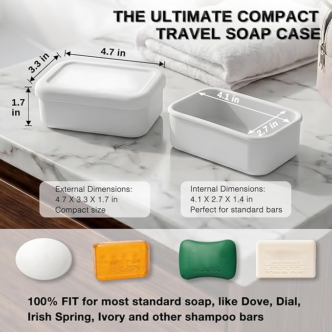 HighHerz Leak Proof Silicone Travel Soap Case with Draining Tray - Bar Soap Holder for Travel, Gym & Camping - Mess-Free Portable Soap Container for Carry-on Bags (White)