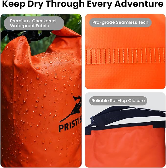 Pristis 10L Waterproof Dry Bag, Heavy-Duty Roll Top Dry Storage Backpack for Outdoor Boating Kayaking Fishing Rafting Camping, Lightweight Floating Kayak Sack Gear Accessory for Men Women, Orange