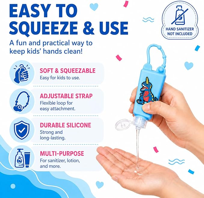 5-Pack Kids Cartoon Hand Sanitizer Holder (No Sanitizer Included), 30ml Refillable Travel Bottles with Silicone Case, Leak-Proof for Lotion & Liquid Soap (Roar Dino)
