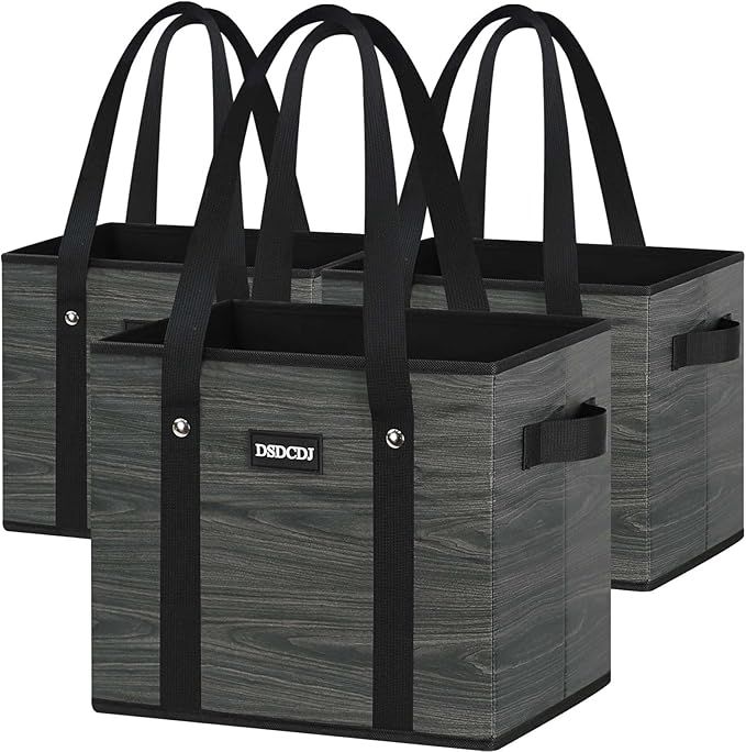 Reusable Grocery Bags - Heavy Duty Reusable Shopping Bags with Hard Bottom & Long Handles, Foldable Large Utility Tote Bag with Box Shape to Stand Up - for Kitchen, Picnic, 3 Pack, Grey