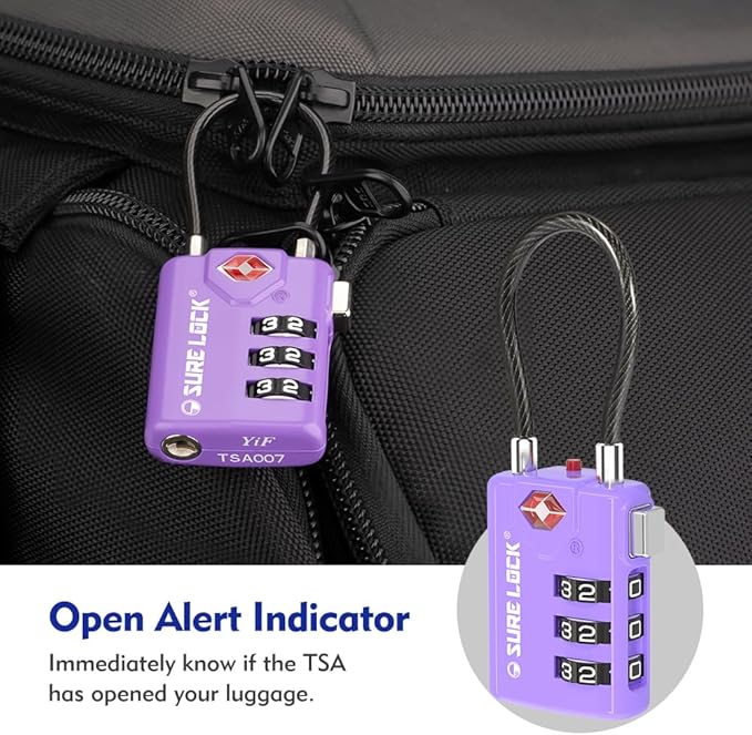 SURE LOCK TSA Approved Luggage Locks with Open Alert Indicator, 3 Digit Combination Cable Travel Lock for Suitcase, Backpack, Gym Locker, Toolbox & Travel Bag(2, Purple 2 Pack)