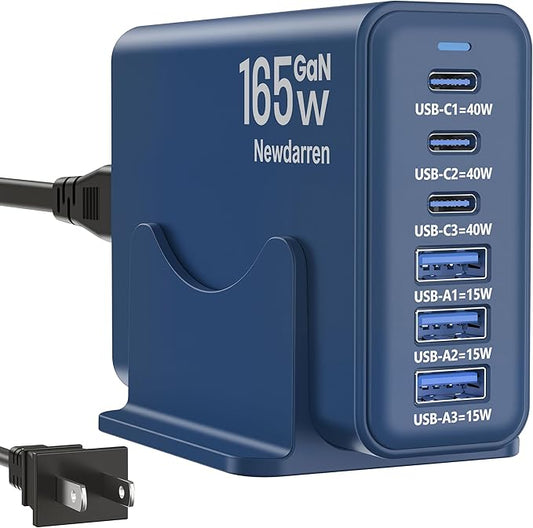 165W GaN USB C Charging Station, 6-Port Desktop Charger [3 USB-C PD + 3 USB-A], Multi-Device Fast Charger with 5 ft Cord for iPad iPhone 17/16/15, Samsung Galaxy, Tablets, Home Office Travel Deep Blue