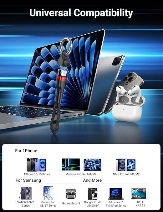 PD 60W Short USB C Cable (2 Pack), Keychain 6 Inch USB C Cable/Nylon Braided Type C to Type C Cables/Fast Charging Cables for 1Phone17/16/15 Series, 1Pad Pro/Air, Samsung Galaxy Series, Google Pixel