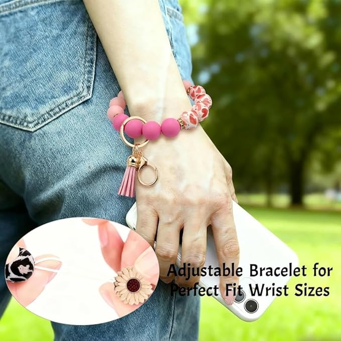 2PCS Bracelet Key Ring Set, Cute Car Key chain Wristlet, Silicone Beaded Bangle keyChains for Women Girls