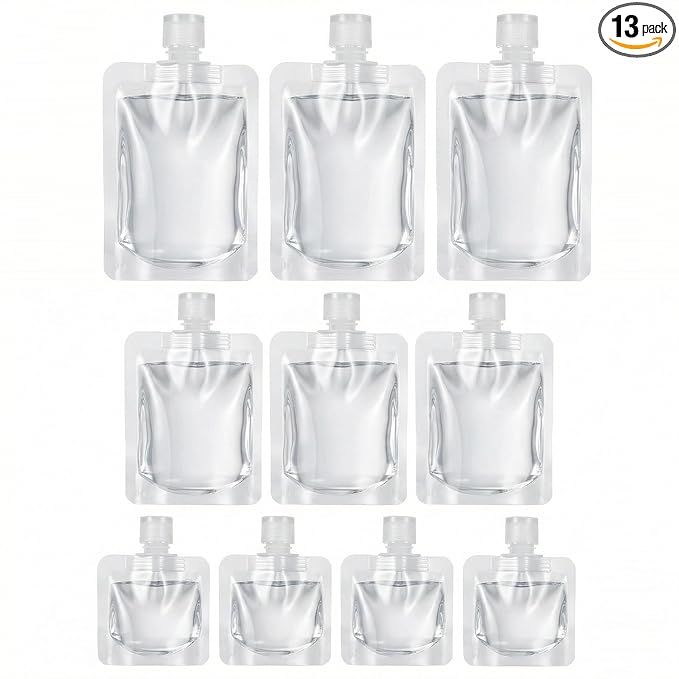 Travel Pouches for Toiletries, 13 Pack TSA Approved Refillable Travel Liquid Pouches, Flat Travel Bottles for Toiletries, Reusable 3oz Portable Containers with Funnel, Labels & Clear Carry On Bag