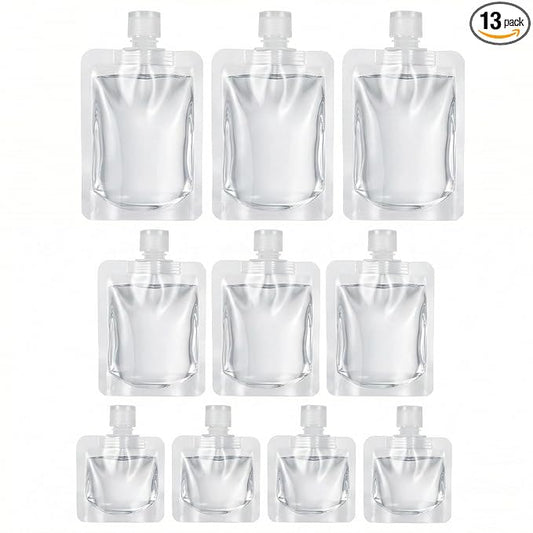 Travel Pouches for Toiletries, 13 Pack TSA Approved Refillable Travel Liquid Pouches, Flat Travel Bottles for Toiletries, Reusable 3oz Portable Containers with Funnel, Labels & Clear Carry On Bag