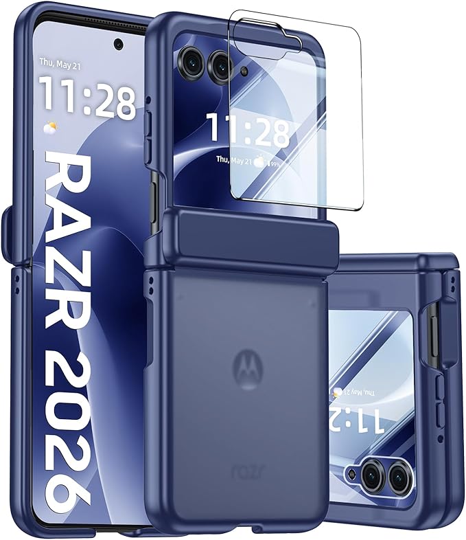 for Motorola Razr 2026 Case with Hinge Protection, Screen Protector, Ultra-Thin Skin Feel Translucent Frosted, Shockproof Cover for Moto Razr 2026-Blue