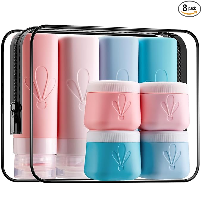 INSFIT travel bottles for toiletries 8 Pack, Leak proof Travel Size Toiletries Containers with toiletry bag, Squeezable Silicone Bottles & Cream Jars, Travel Essentials BPA-Free kit for Shampoo