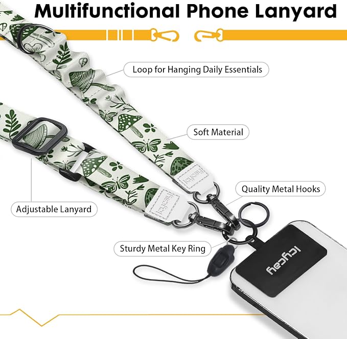 Icycay Phone Lanyard Crossbody, Mushroom Cell Phone Strap for Around The Neck Adjustable, Anti Theft Cute Lanyard for ID Holder Keys Accessories Travel Essential
