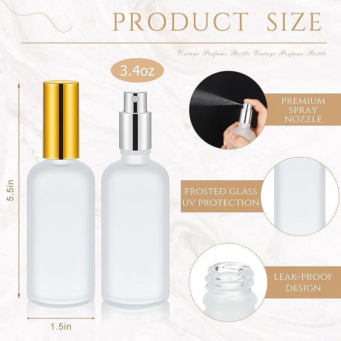 Tessco for you 2 Pcs 30/60/100 ml Glass Spray Bottles Frosted Empty Perfume Bottle Atomizer Refillable Clear Bottle with Fine Mist Sprayer Pump for Room Face Travel Business (Silver,Gold,3.4 oz)