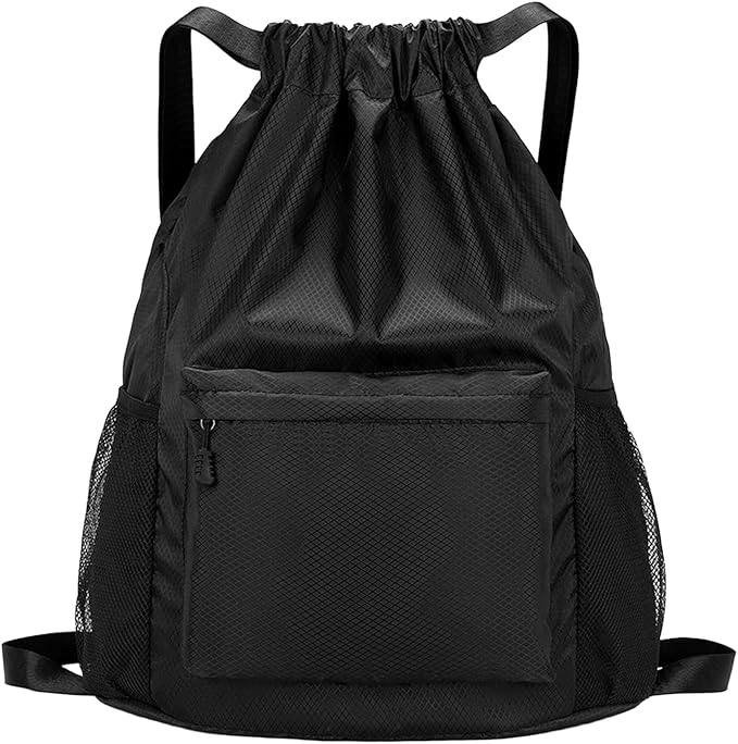 Tygelluis Drawstring Backpack, Waterproof Gym Bag with Water Bottle Pocket for Women Men, Pull String Sport Bag for Swim, Soccer and Basketball,Black