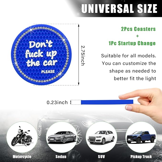 Ziciner 2 Pack Bling Car Cup Holder Coaster, 2.75 Inch Anti-Slip Auto Insert Cup Coaster, Crystal Car Drink Cup Mat Perfect for Women Girls, Universal Interior Decor Accessories (Blue)