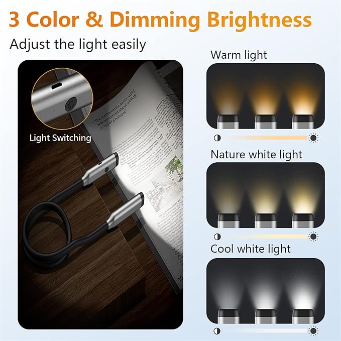 Book Light LED Neck Reading Light,Bendable Rechargeable Book Light for Reading in Bed,Eye Friendly - 3 Colors & 3 Brightness Levels Perfect for Bookworms Kids Crafts Knitting Travel (Gray)