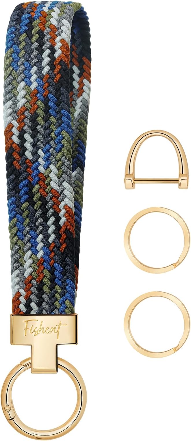 Fishent Stretchy Wristlet Keychain, Cute Key Chain, Woven Wrist Lanyard for Car Keys with 3 Keyrings and D-ring for Women Men