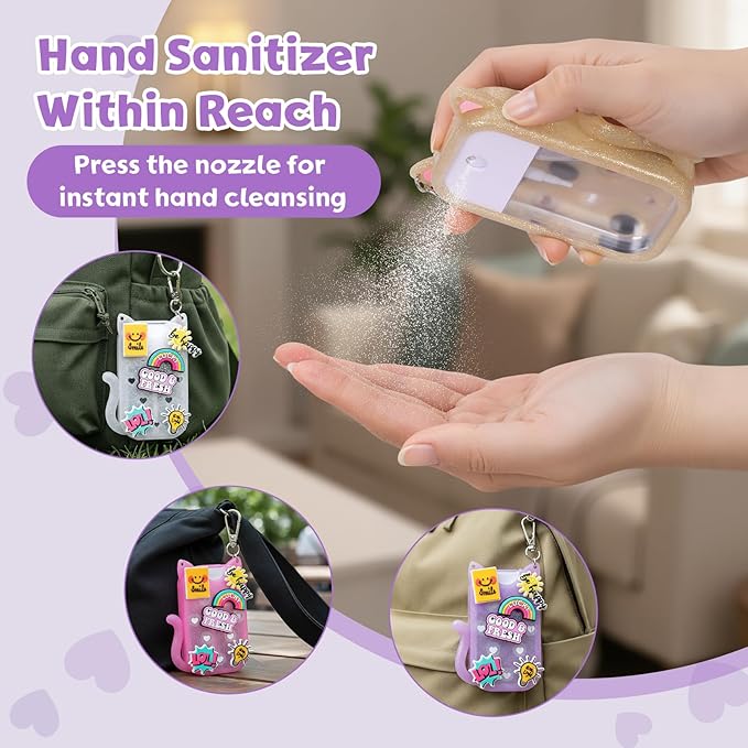 FunisFun Glitter Silicone Holder Case Compatible with Hand Sanitizer Spray 1 Fl. OZ., Cat-shaped Case Keychain with 6 Charms