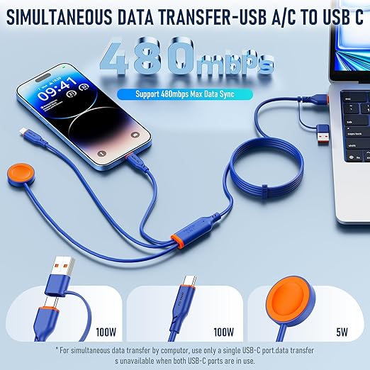 Travel Essentials 3 in 2 Multi Charging Cable 100W USB A/C to Dual USB C/for Apple Watch Charging Cable Silicone Fast Charge Compatible with iPhone 17-15 Series iPad MacBook, Type-C Devices 5FT-Blue