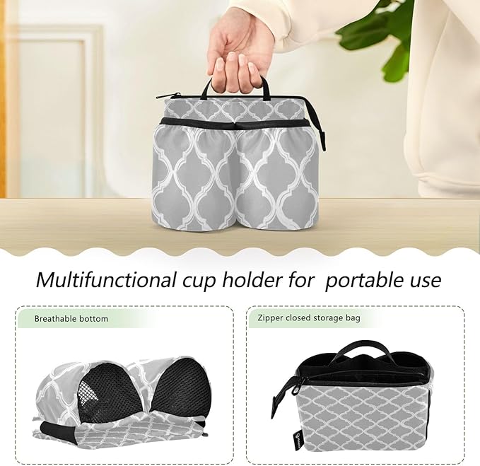 Luggage Cup Holder for Suitcases Free Hands Suitcase Cup Holder Travel Luggage Drink Holder Portable Luggage Cup Caddy Bag Carrier with Handle Silver Minimalist Quatrefoil