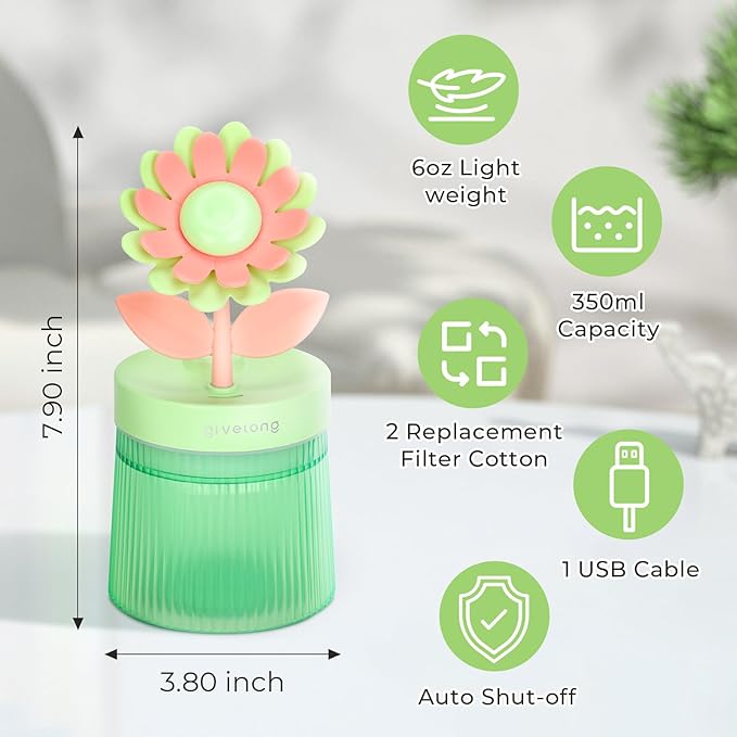 260ml Flower Mini Humidifier, Green Sunflower Desktop Small Humidifiers, Personal Cool Mist Humidification, USB Desk Humidifier for Bedroom, Office, Travel & Indoor Plants
