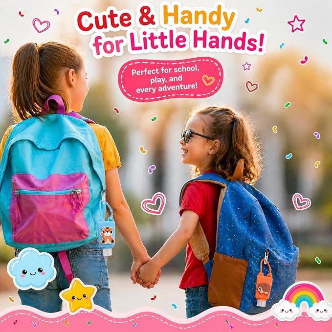 5-Pack Cartoon Kids Hand Sanitizer Holder, 30ml Travel Size Refillable Bottles with Silicone Case, Leak-Proof Portable Containers for Lotion & Liquid Soap (Animal Friends)