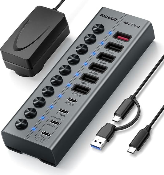 FIDECO 10-Port 72W Powered USB Hub, USB C Hub with 1 BC1.2, 2 PD 45W Charging Ports, and 7 USB 3.2 Ports (5 USB-A + 2 USB-C), Aluminum 10Gbps USB Hub for Laptop, PC, MacBook, iPhone 17/16/15, Grey