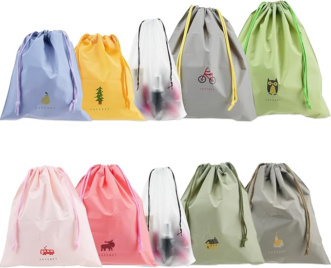 10PCS Waterproof Drawstring Bag, 8 Colorful Travel Storage Bags & 2 Clear Bags, Portable Plastic Travel Organize Pouch for Swimming Gym Pool Beach Sports Wet Cloth Shoes