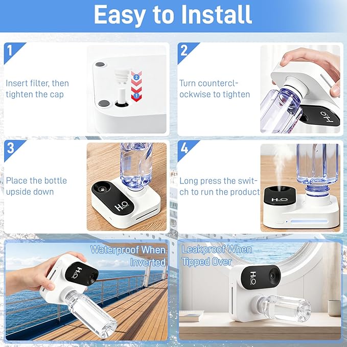 Cruise Humidifier Portable Humidifier for Travel – Whisper-Quiet Mini Humidifier Travel Humidifier for Cruise, Office or Car with Night Light, Auto-Off & 2 Mist Modes Water Bottle Humidifier